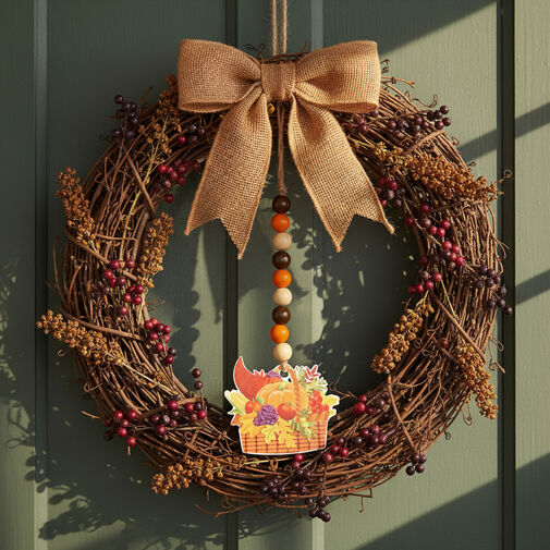 59024A • Őszi dekoráció - bőség kosár - akasztható - fa - 29 x 9 cm