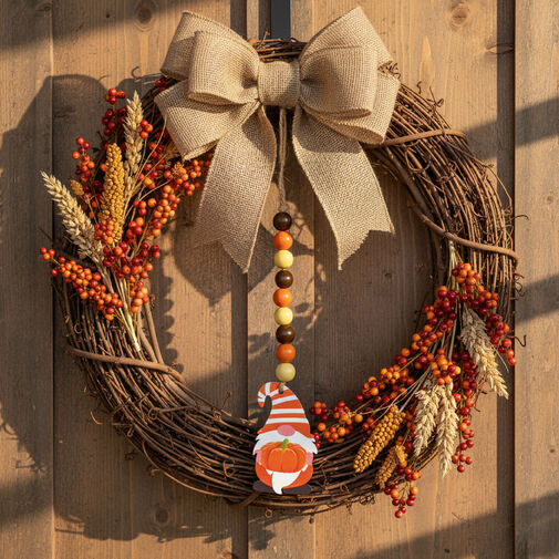 59024B • Őszi dekoráció - manó tökkel - akasztható - fa - 31 x 5 cm