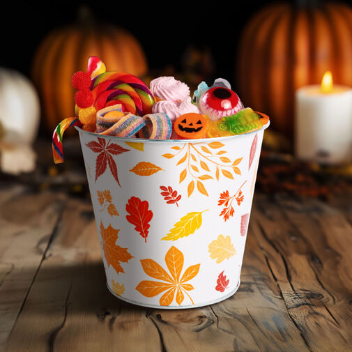 59033B • Őszi dekoráció - fém kaspó, vödör - leveles - 15 x 13,7 cm