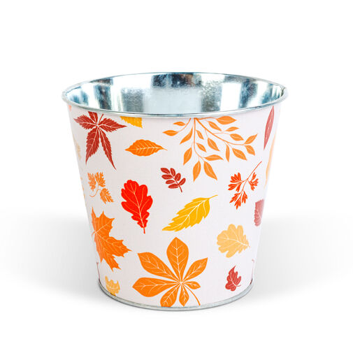 59033B • Őszi dekoráció - fém kaspó, vödör - leveles - 15 x 13,7 cm