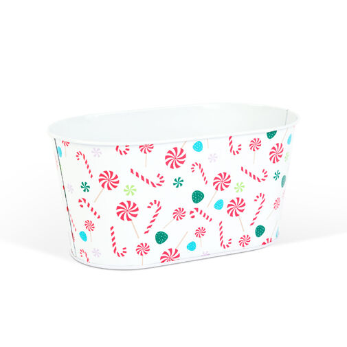 59722C • Karácsonyi fém kosár - cukorbot mintás - 19 x 11,5 x 9,5 cm