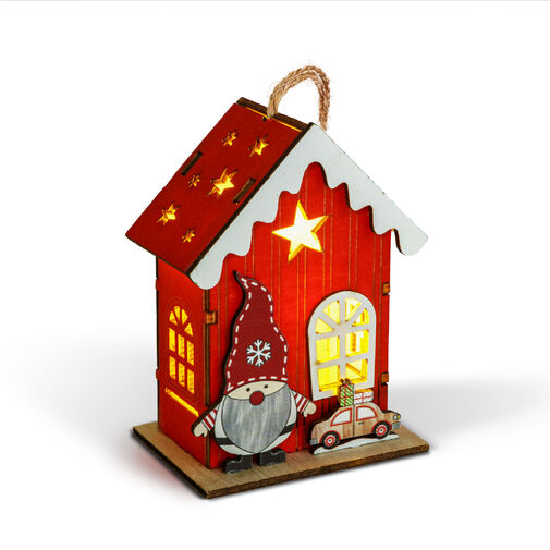 59746 • Karácsonyi LED-es dekoráció - házikó manóval - melegfehér LED, piros - 7,5 x 5 x 10 cm - 2 féle