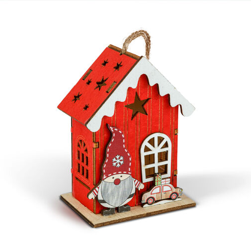 59746 • Karácsonyi LED-es dekoráció - házikó manóval - melegfehér LED, piros - 7,5 x 5 x 10 cm - 2 féle