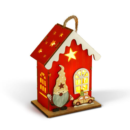 59746 • Karácsonyi LED-es dekoráció - házikó manóval - melegfehér LED, piros - 7,5 x 5 x 10 cm - 2 féle