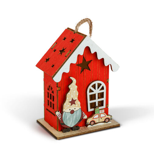 59746 • Karácsonyi LED-es dekoráció - házikó manóval - melegfehér LED, piros - 7,5 x 5 x 10 cm - 2 féle