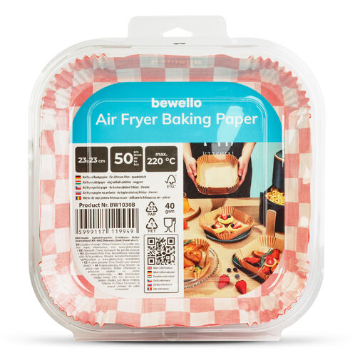 BW1030B • Air fryer sütőpapír - olaj nélküli sütőhöz - kockás, négyzet - 23 cm - 50 db / csomag