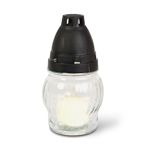 TW1012 • Üveg mécses műanyag kupakkal, üveg szín: fehér, kupak szín: fekete - 14 cm