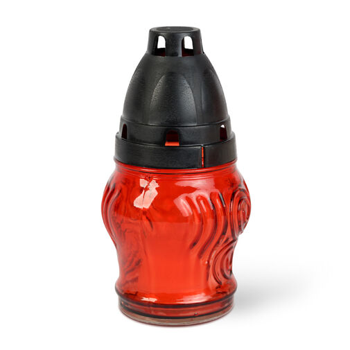 TW1013 • Üveg mécses műanyag kupakkal, üveg szín: piros, kupak szín: fekete - 14 cm