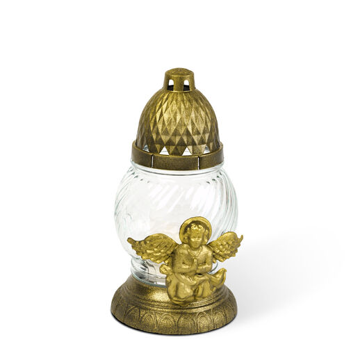 TW1015 • Üveg mécses - angyallal, műanyag kupakkal, üveg szín: fehér, kupak szín: fekete-arany antik - 20 cm