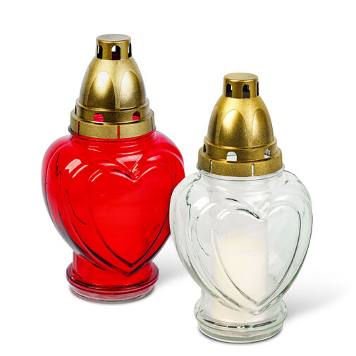 TW1018 • Üveg mécses - szív forma, műanyag kupakkal, piros - fehér - 21,7 cm